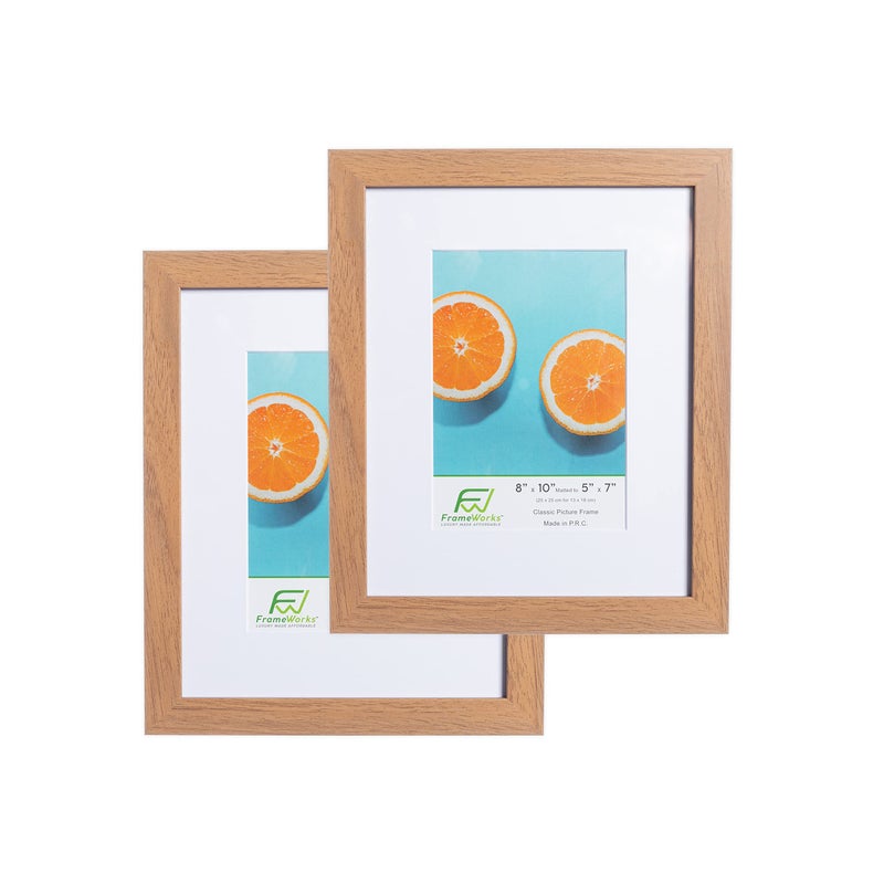 FrameWorks 2-Pack، 8x10 إطار صورة غير لامع إلى 5x7، البلوط الذهبي - إطار صورة كلاسيكي مع زجاج مقسى، إطار صورة بحواف نظيفة، إطار ملصق بلمسة نهائية بيضاء غير لامعة، إطار شهادة - Image 1
